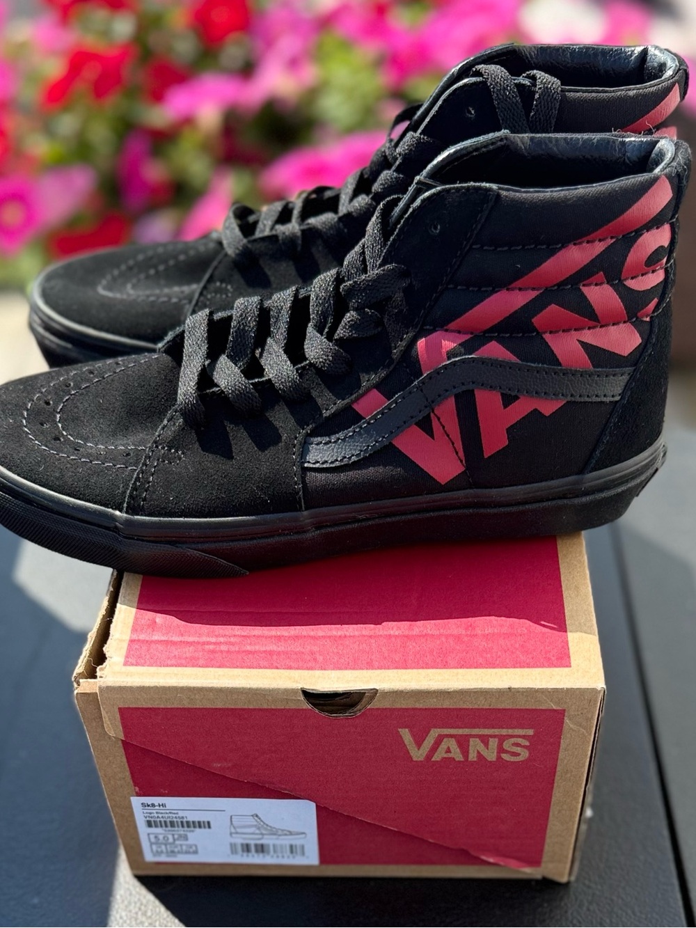 Vans Black High Top Sneakers with Pink Side Logo SK8 HI Size 5